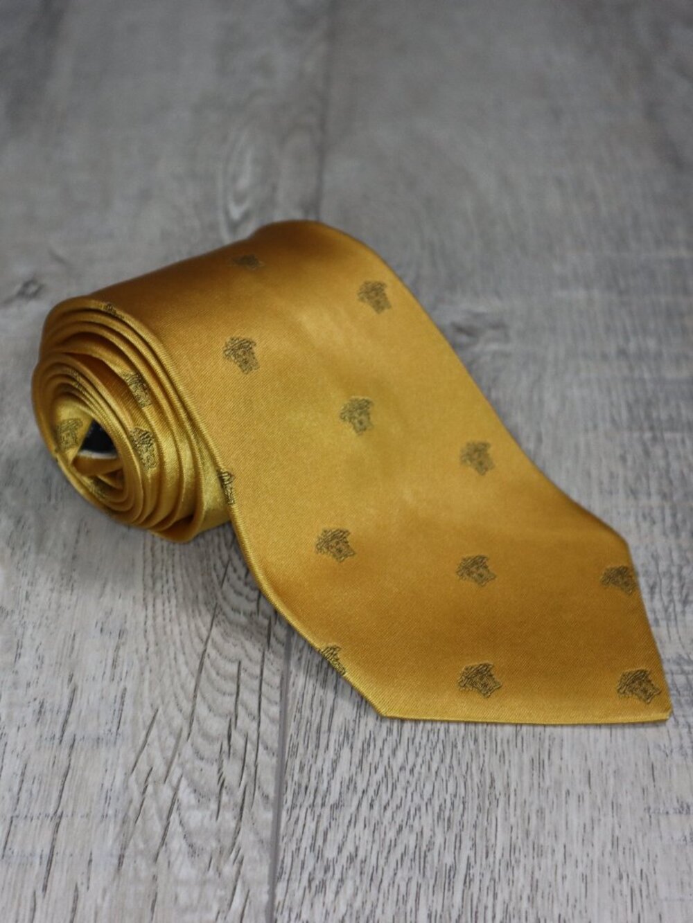 Versace Gold Yellow Silk Tie Medusa Logo Pattern - Flawed